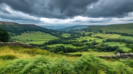 Obraz premium A breathtaking view of lush green valleys under a dramatic cloudy sky.