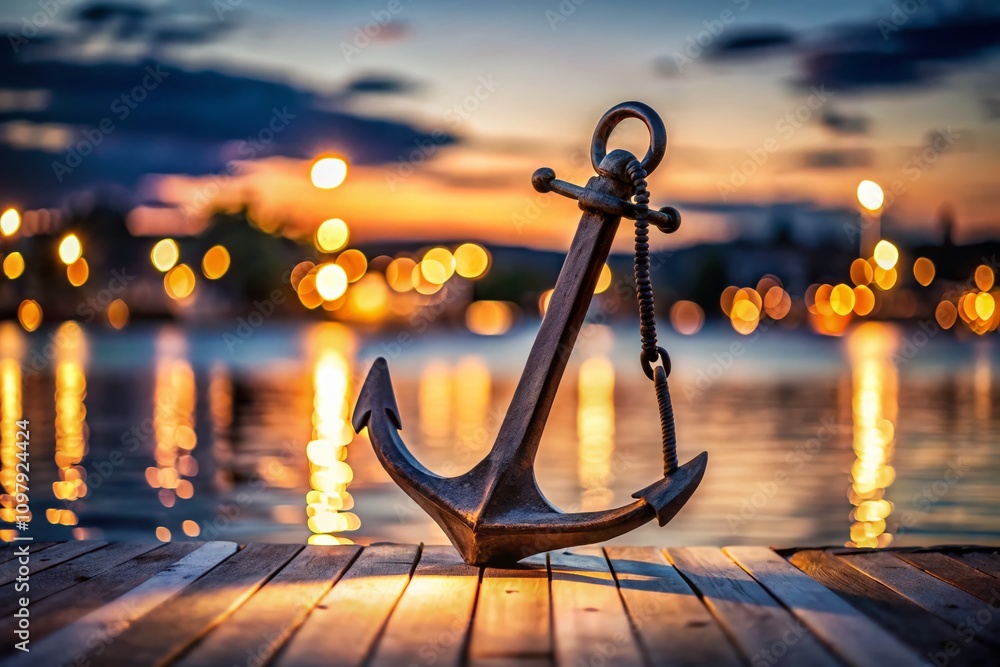 Poster minimalist photography of a beautiful iron anchor at a dock surrounded by bokeh lights capturing the