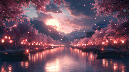 Beautiful sakura-lined river, with wooden boats drifting and lanterns floating in the water under a full moon, anime style, wallpaper