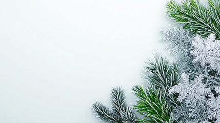 Obraz premium Frosted pine branches and snowflakes create serene winter scene, evoking sense of tranquility and beauty of nature in cold season
