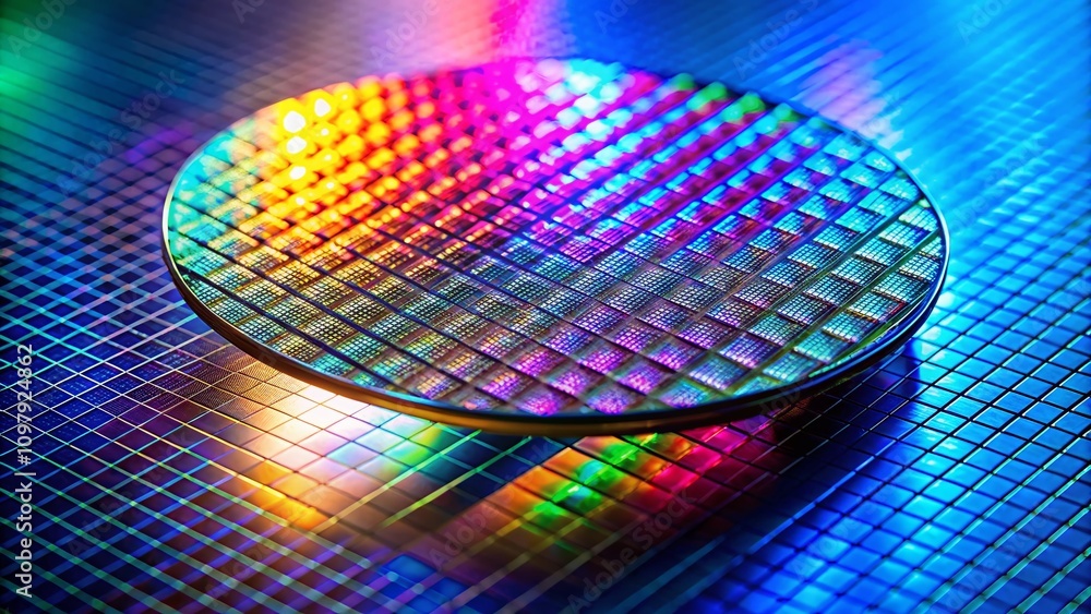 Poster minimalist photography of a silicon wafer on a reflective surface with vibrant lighting effects show
