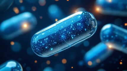  capsule filled with a starry, cosmic pattern, floating in a futuristic dark blue environment.  
