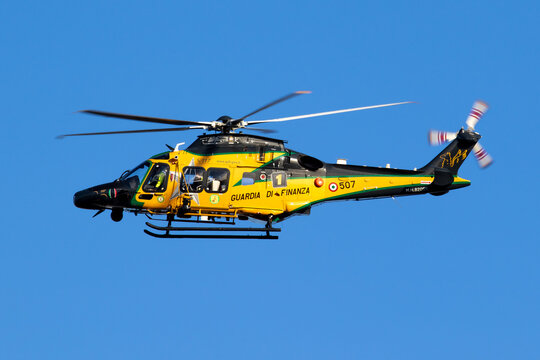 Leonardo AW169 (MH-169A) helicopter from the Guardia di Finanza (Italian Financial Law Enforcement) in flight. Amsterdam, The Netherlands - Nov 2, 2024