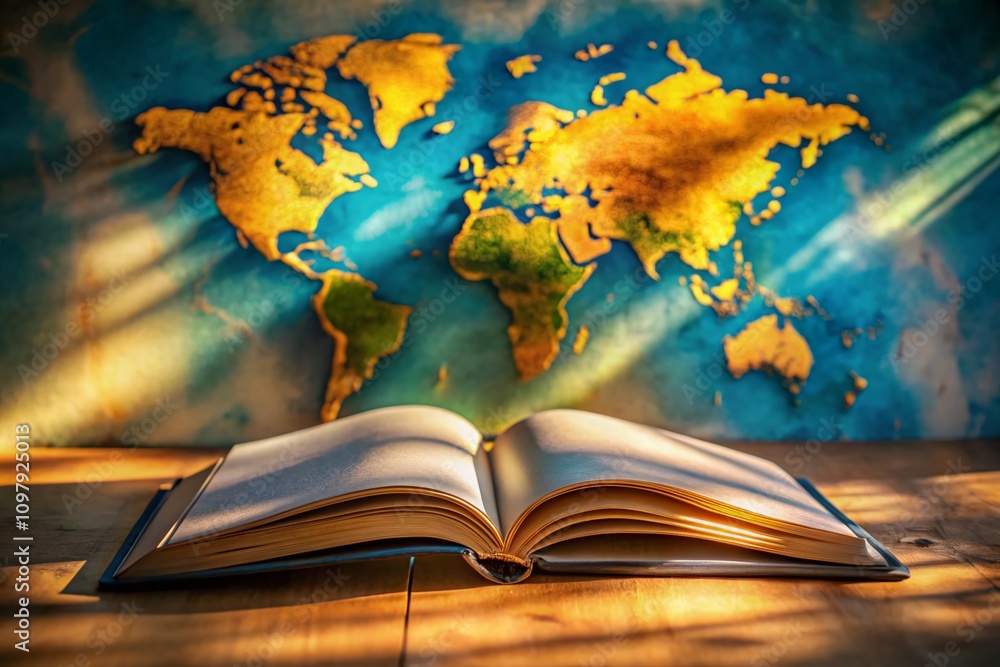 Poster minimalist photography of a world map opened on an elegant book with soft light, showcasing global e
