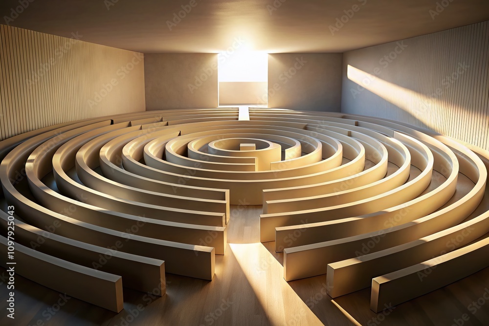 Poster minimalist photography of an abstract labyrinth symbolizing uncertainty with soft shadows and light 