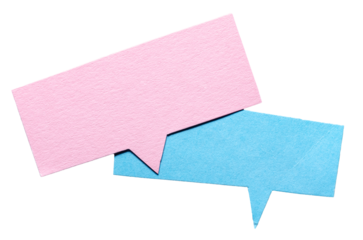 Pink blue blank cut out cardboard paper speech bubbles with copy space for text on transparent background design element