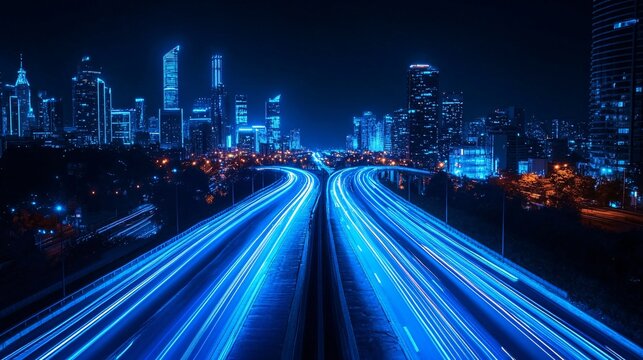tron legacy, blue neon light ambience city, long wide road, wide perspective angle