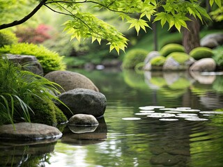 Serene Tranquil Zen Garden with Pond, Rocks, and Lush Greenery &acirc;&euro;&ldquo; Bokeh Effect Photography for Peaceful Nature Scenes