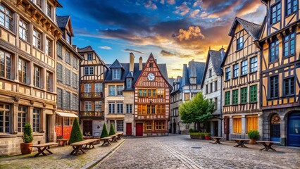 Naklejka premium Minimalist Photography of Medieval Square with Charming Houses in Rouen, Normandy, Showcasing Historic Architecture and Cobblestone Streets of Old Town
