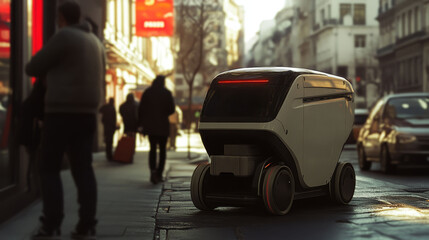 Urban humanoid robot delivering packages with sleek design and LED indicators in busy city setting
