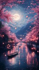 Beautiful sakura-lined river, with wooden boats drifting and lanterns floating in the water under a full moon, anime style, wallpaper