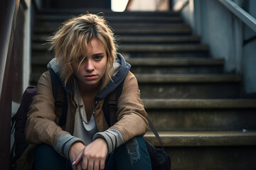 Sad depressed young woman sitting on stairs in urban environment