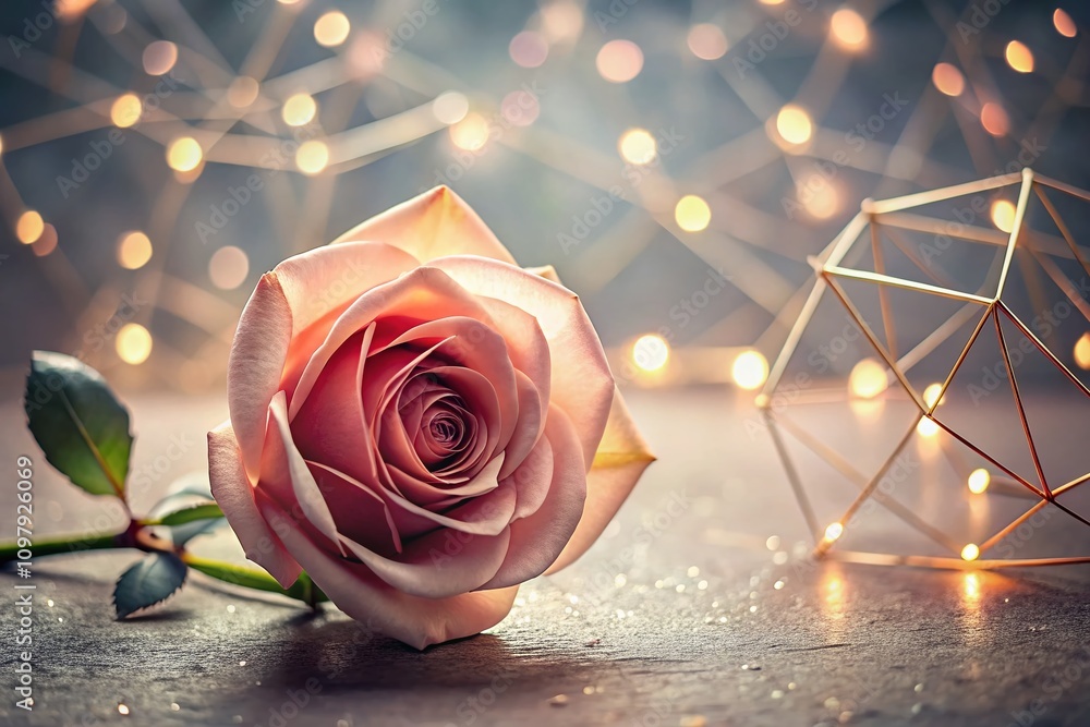 Poster minimalist rose with geometric twist in soft focus and bokeh effect, capturing the elegance of natur
