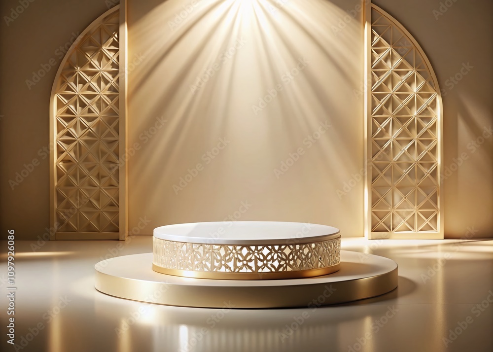 Poster minimalist round light podium with intricate design against soft background for modern display and p