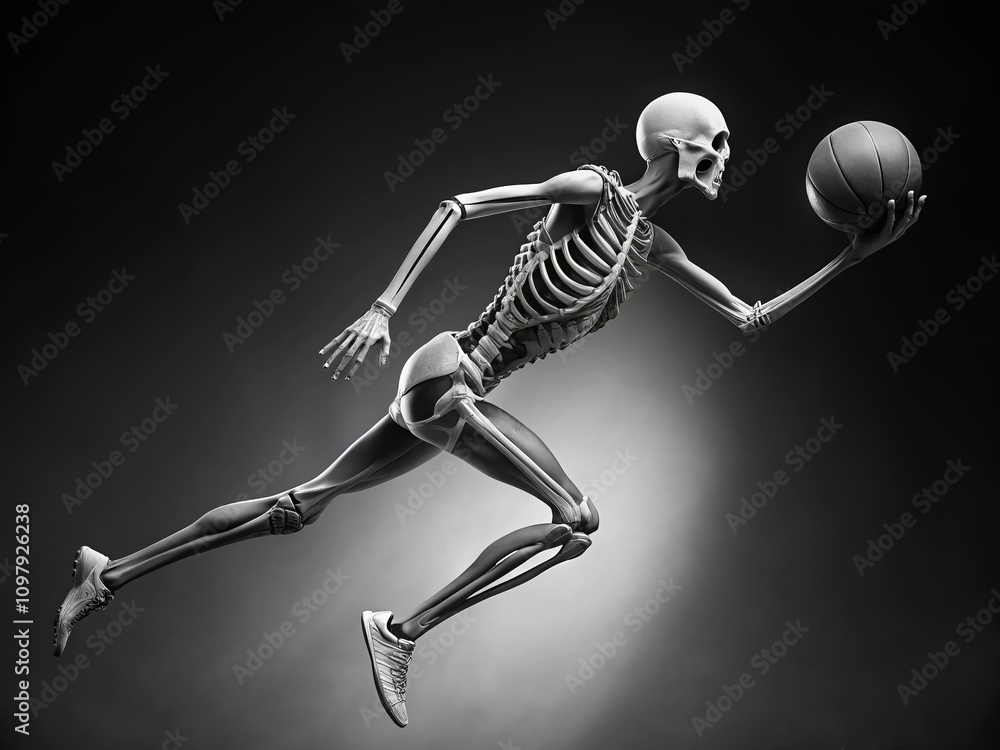 Poster minimalist skeleton basketball player in dynamic pose against a simple background, showcasing the el
