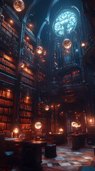 Ancient library with towering bookshelves, filled with glowing orbs, old scrolls, and a cozy, magical ambiance, anime style, wallpaper