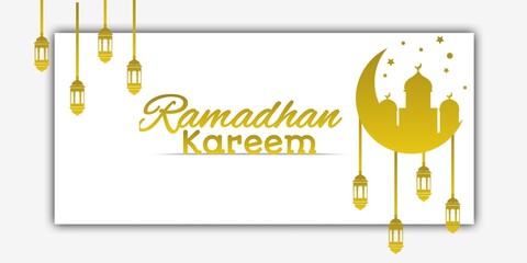 Ramadan Kareem greeting card with white background and golden yellow Ramadan Kareem text