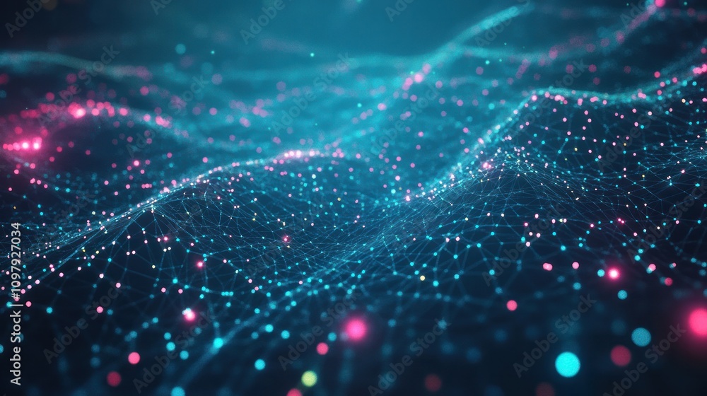 Poster network of interconnected particles and glowing data lines. the background is filled with a deep blu