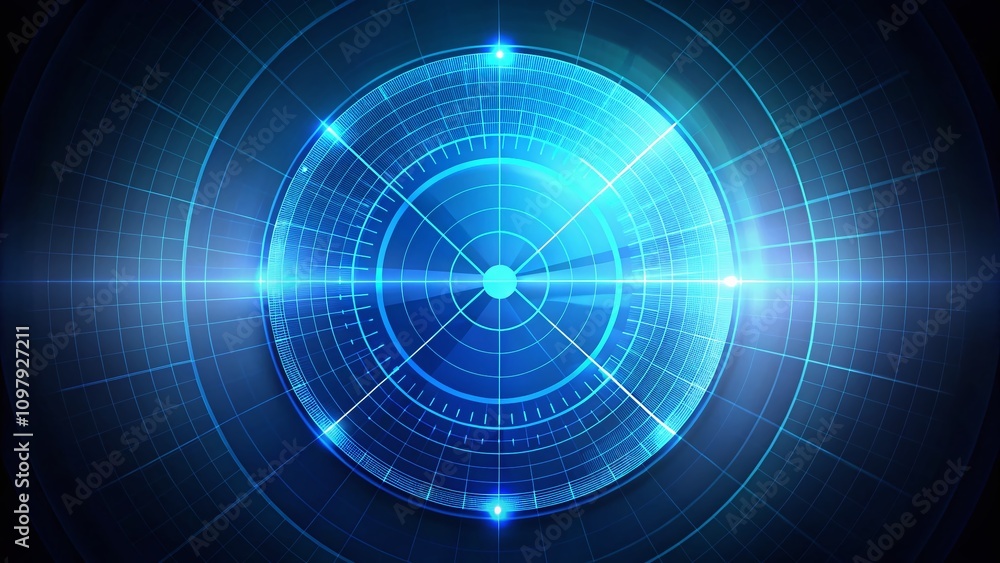 Poster minimalistic animated blue radar screen with scanning effect, showcasing a clean and modern design f