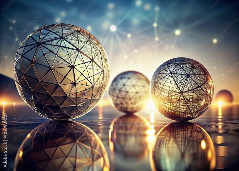Poster minimalistic double exposure of wireframe globe spheres with geometric shapes in a modern design sty