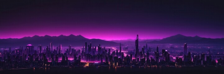 Fototapeta premium a futuristic city skyline at night. The city is illuminated with a purple and pink glow, giving it a neon-like appearance. The skyline features a variety of tall buildings and skyscrapers