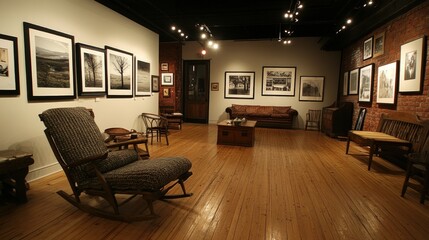 Fototapeta premium Art gallery interior with wooden floors, antique furniture, and black and white photography on display.