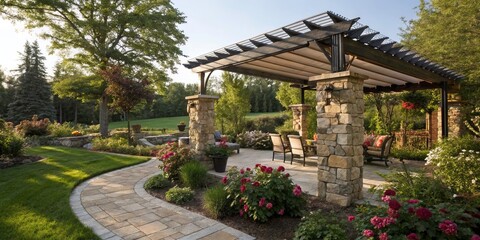Obraz premium Stunning Outdoor Garden with Stone and Metal Roof Pergola Shade Structure, Lush Greenery, Serene Atmosphere, and Beautiful Landscaping for Relaxation and Outdoor Living Spaces