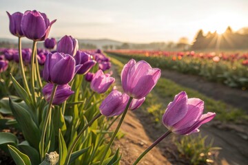 Fototapeta premium Stunning Purple Tulip Fields in Spring Sunshine - Vibrant Floral Background for Banners and Headers, Celebrating Nature's Beauty in Blooming Tulips