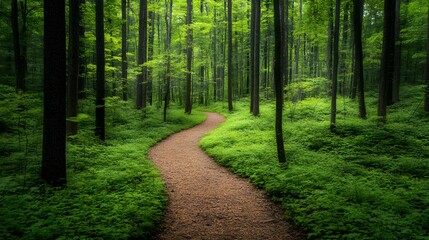 Fototapeta premium A tranquil forest path winding through lush green trees.