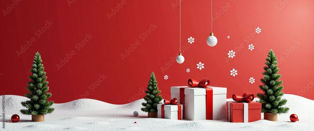 Poster a red wall with a white box and two green trees. the box is decorated with a red ribbon and a star. 