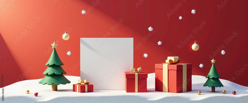 Poster a red wall with a white box and two green trees. the box is decorated with a red ribbon and a star. 