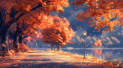 Autumn park path with falling leaves, lined with vibrant orange and red trees, and a misty lake in the distance, anime style, wallpaper