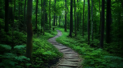 Fototapeta premium A winding path through a lush green forest filled with vibrant trees.