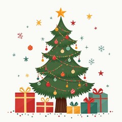 christmas tree with gifts isolated on white background in 2D art style