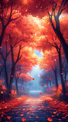 Autumn park path with falling leaves, lined with vibrant orange and red trees, and a misty lake in the distance, anime style, wallpaper