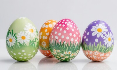 Fototapeta premium four colorful, decorated Easter eggs standing upright in a row. Each egg has a unique design