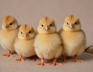 four fluffy yellow chicks standing in a row on a light-colored surface. They are small and have soft, downy feathers with a hint of orange on their heads. Their tiny beaks and feet are a pale orange 