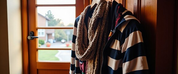 A striped sweater and a brown scarf are hanging on a door. The sweater is blue and white, and the scarf is brown. The scene is cozy and inviting, with the warm colors of the clothing
