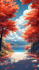 Autumn park path with falling leaves, lined with vibrant orange and red trees, and a misty lake in the distance, anime style, wallpaper