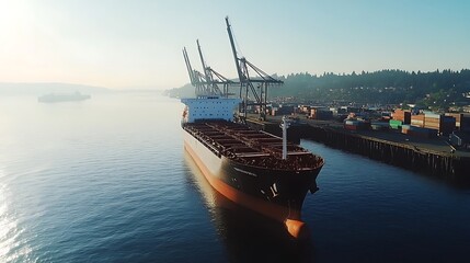 Obraz premium A large cargo ship docked at a port with cranes and containers in the background.