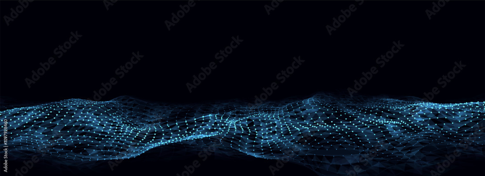 Poster vector digital technology wave. dark cyberspace with blue motion dots and lines. futuristic digital 