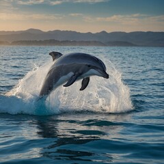 Obraz premium A playful dolphin jumping out of the water in an ocean setting.