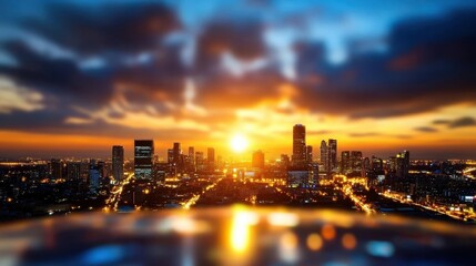 Fototapeta premium A city skyline with a beautiful sunset in the background