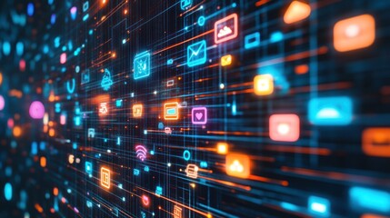 Abstract digital network with colorful icons representing communication and technology.