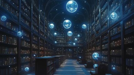 Ancient library with towering bookshelves, filled with glowing orbs, old scrolls, and a cozy, magical ambiance, anime style, wallpaper