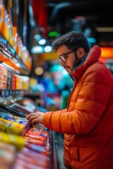 Obraz premium A young man in a red jacket attentively examines packaged snacks in a bustling store, surrounded by vibrant lights and colorus, capturing a moment of thoughtful decision-making.