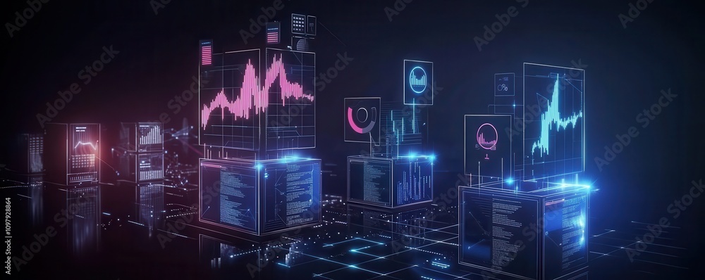 Poster a futuristic digital landscape featuring glowing data charts and graphs, representing analytics and 