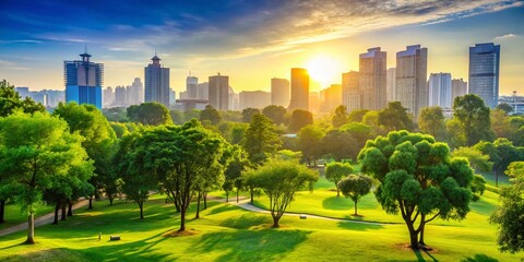 Fototapeta premium Modern City Park Outdoors Silhouette with Green Trees Against White Sky for Eco Town Background, Perfect for Nature and Urban Lifestyle Concepts