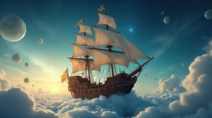 Fototapeta premium Pirate Ship Sailing Through the Clouds