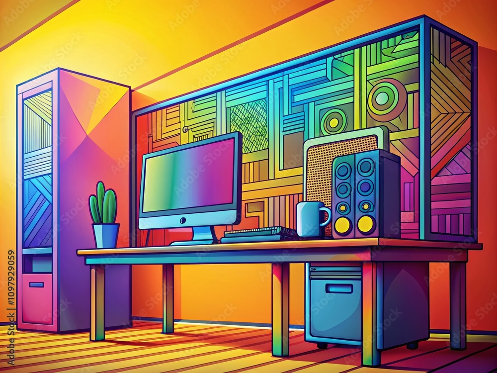 Poster modern desktop computer illustration in solid and outline style for web and graphic design projects,